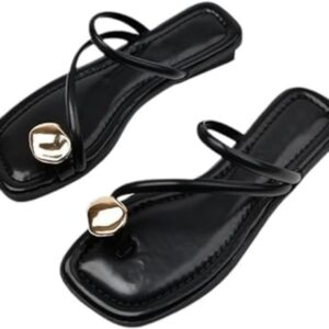 Women'S Leather Strappy Flat Metal Toe Ring Sandals Fashionable Square Open Toe Low Block Heel Slip-On Clip Toe Slide Sandals Casual Summer Beach Slipper