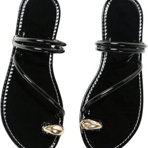 Women's Metallic Open Toe Ring Sandals Summer Strappy Flat Sandals