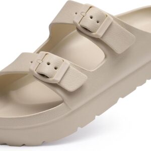 Women's Platform Sandals with Arch Support, Chunky Lightweight Foam Slip on Slides, Comfortable Summer Beach Sandals with Adjustable Buckle