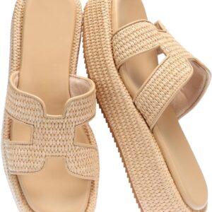 Raffia Platform Sandals for Women Slip-On Espadrille Wedges Slides, Flatform Woven Straw Summer Vacation Beach Shoes